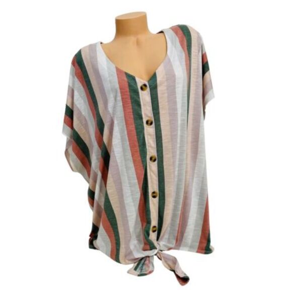 Torrid Women's 5 Plus Slub V-Neck Button-Down Tie-Front Dolman Midi Tee‎ Striped - Picture 1 of 11